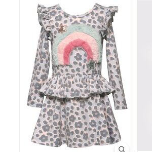 Baby Sara Little Girls Ruffle Fuzzy Rainbow Animal Print Dress